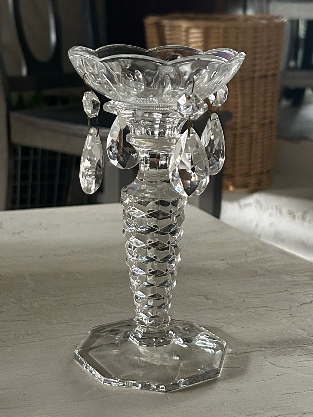 Cut Crystal Candle Holder with Teardrop Prisms - Clear